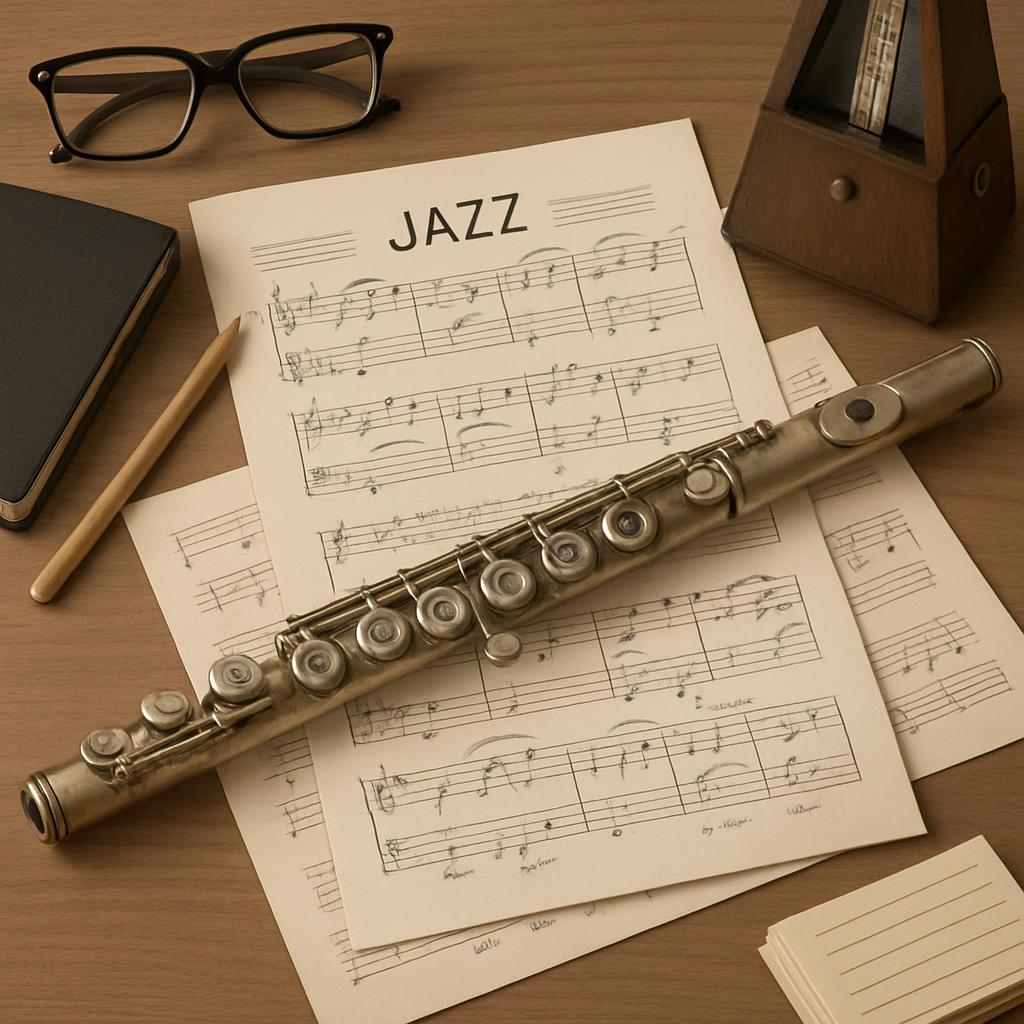 A collection of musical instruments and sheet music lie on a wooden desk. * A transparent flute lies across the sheet musi...