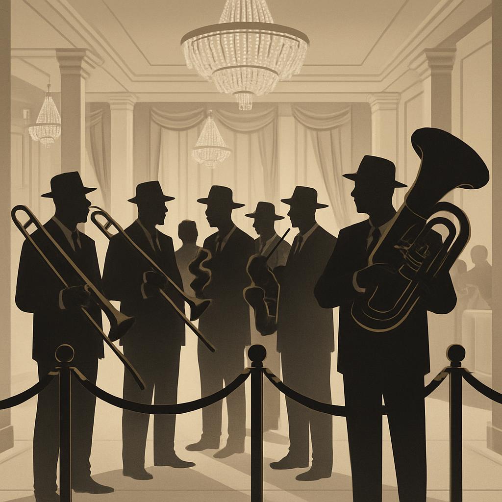 Trombone players before a formal event or old world performance in a ballroom.