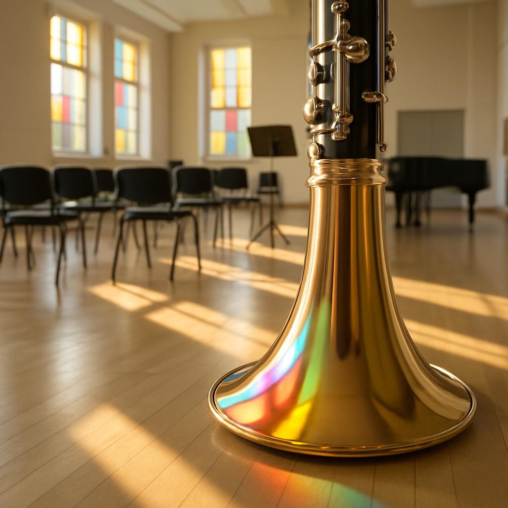The alt text for the image is: "Close-up of a bass clarinet in a sun-drenched music room." The bass clarinet in the image ...